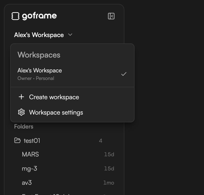 The workspace switcher with Create workspace and Workspace settings