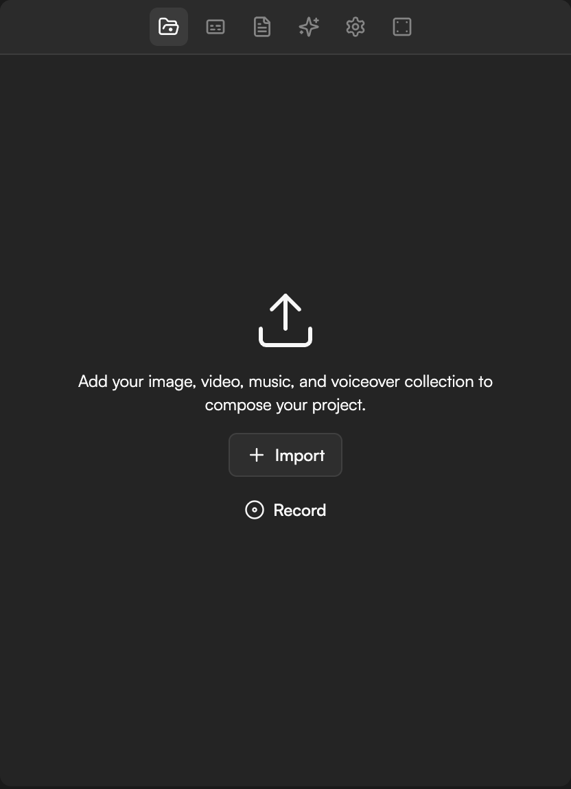 Media pool panel with the Import button and drop hint