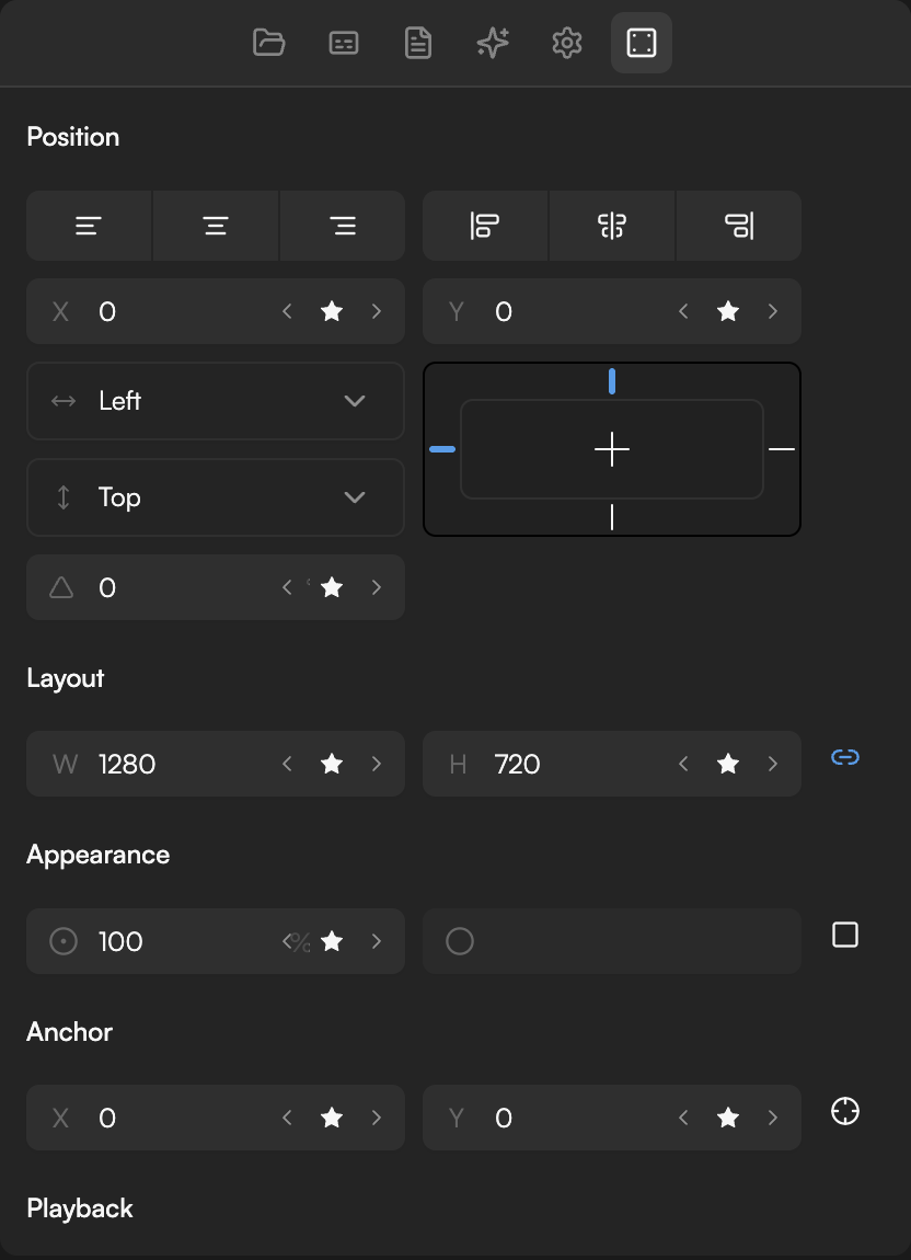 Inspector panel for a selected video clip showing the Position, Layout, Appearance, Anchor, Playback and Audio sections