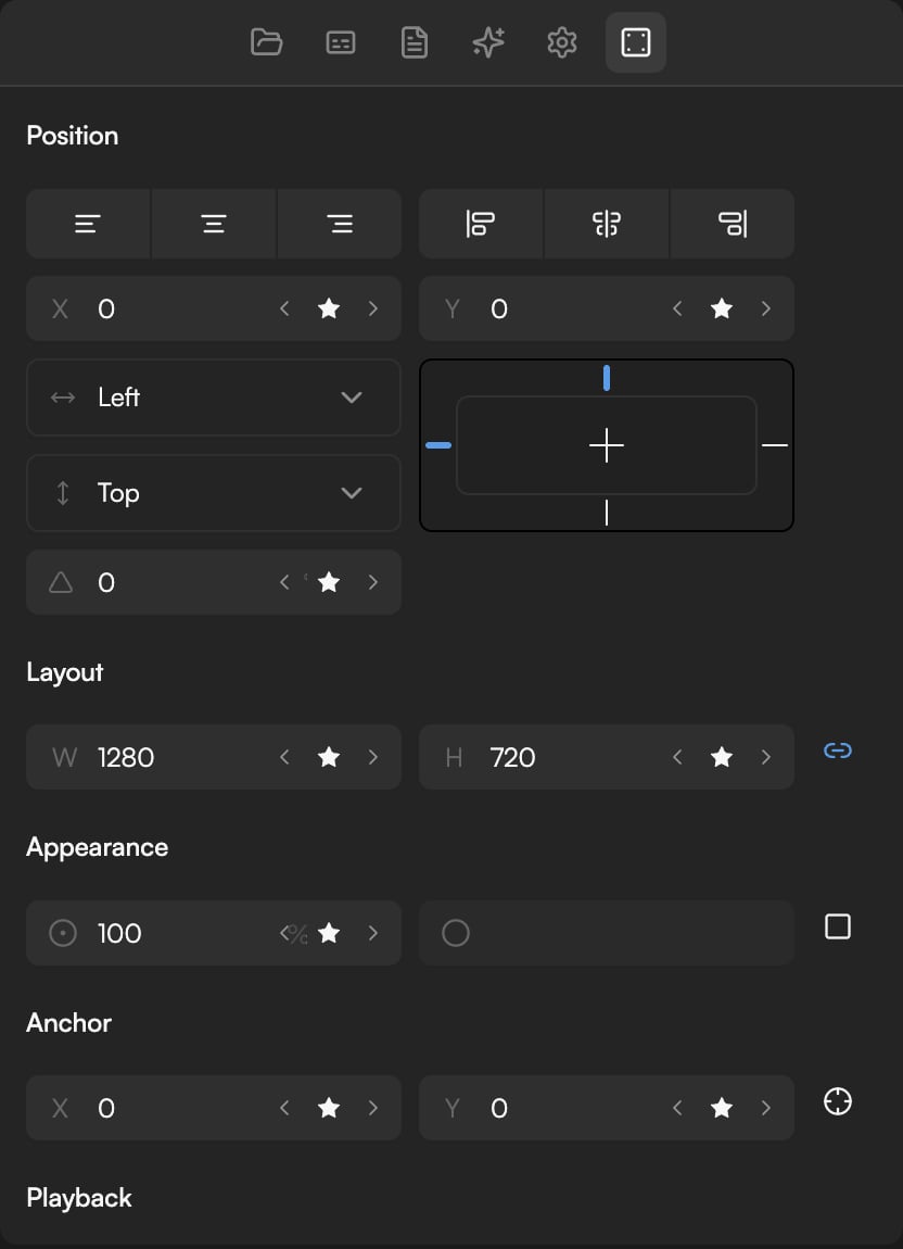 Inspector panel for a selected video clip showing the Position, Layout, Appearance, Anchor, Playback and Audio sections