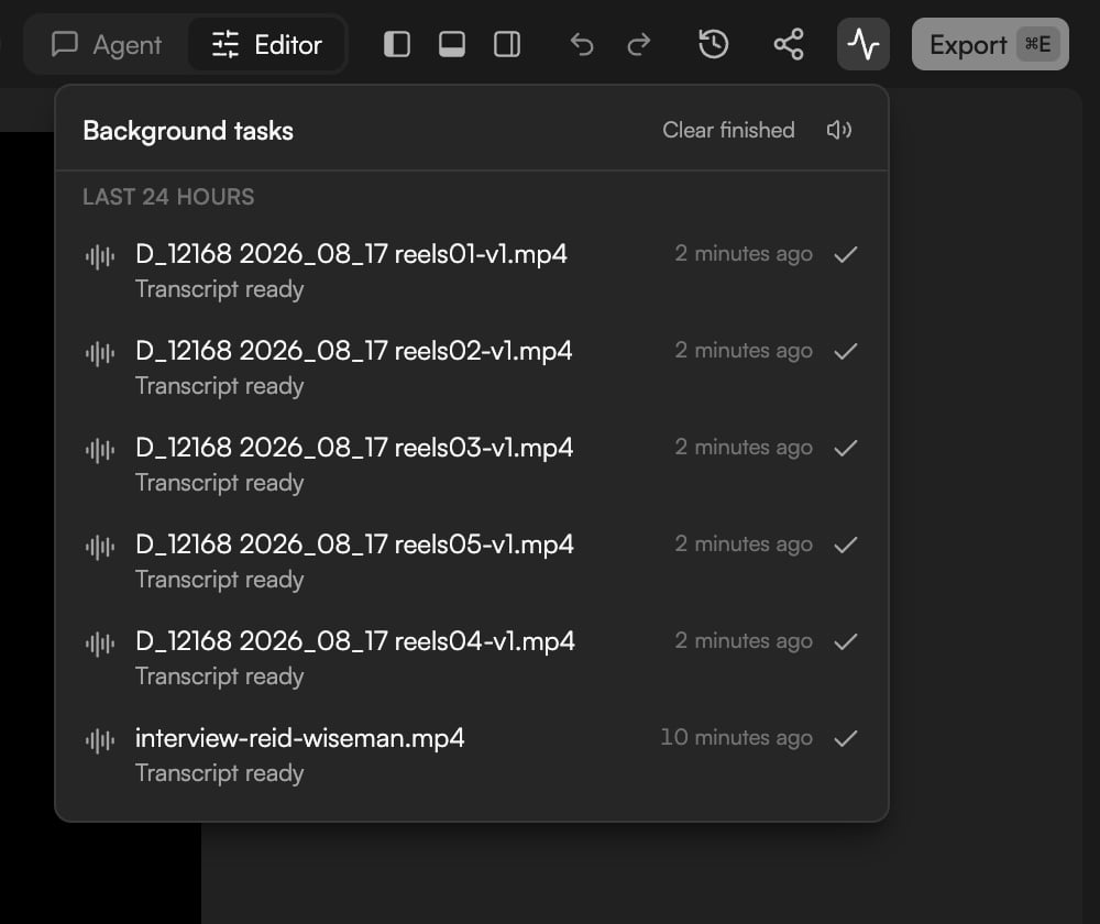 Background tasks panel with a running transcription and a finished one under Last 24 hours