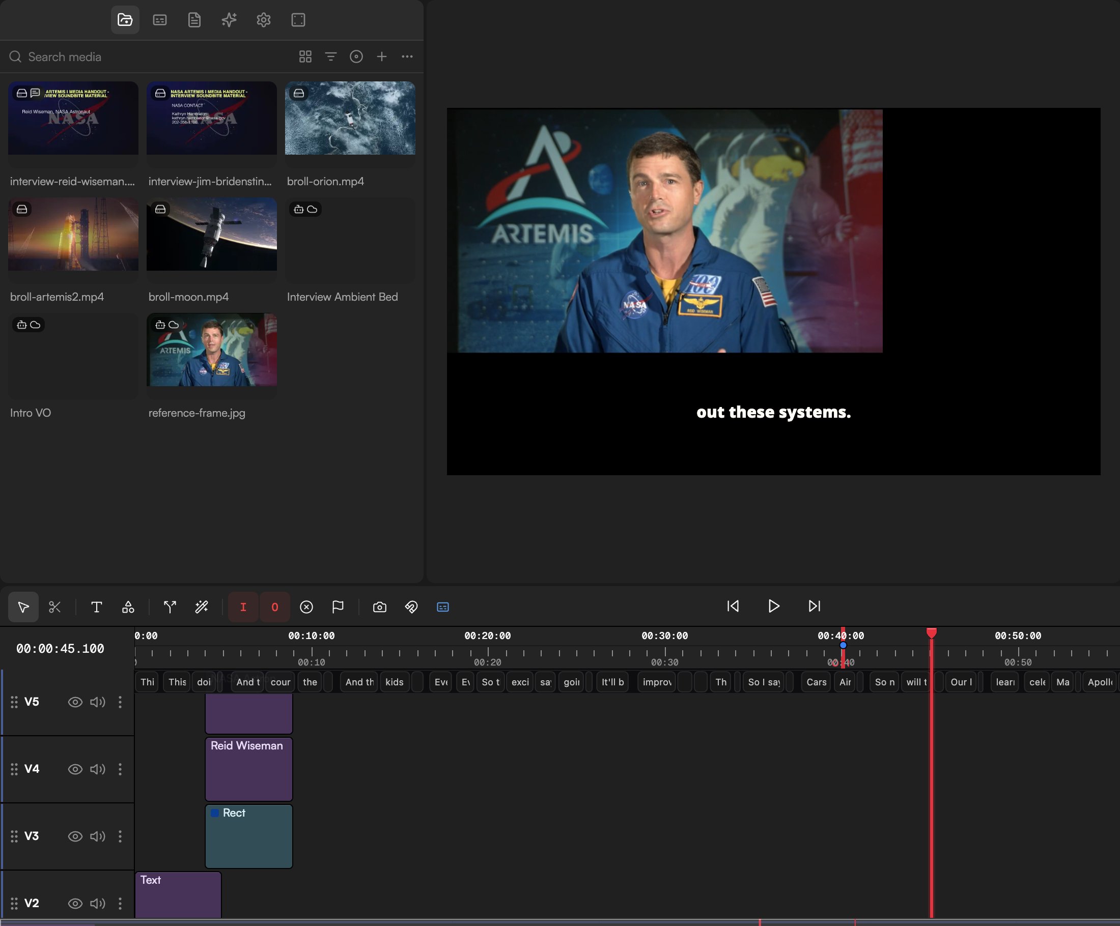 A Motion clip on a video track above the footage, with the Media pool filtered to Motion