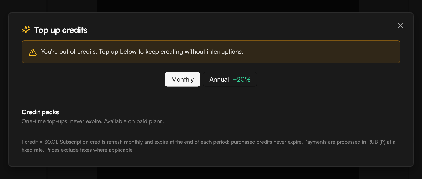 Plans & credits dialog showing the four plan cards with the Monthly / Annual toggle