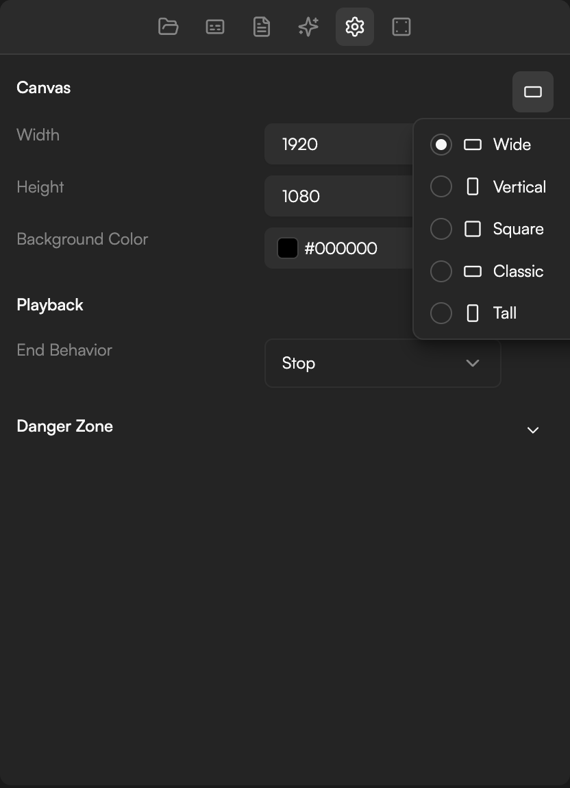 Aspect ratio picker open with Wide, Vertical, Square, Classic and Tall, and a vertical canvas in Preview behind it