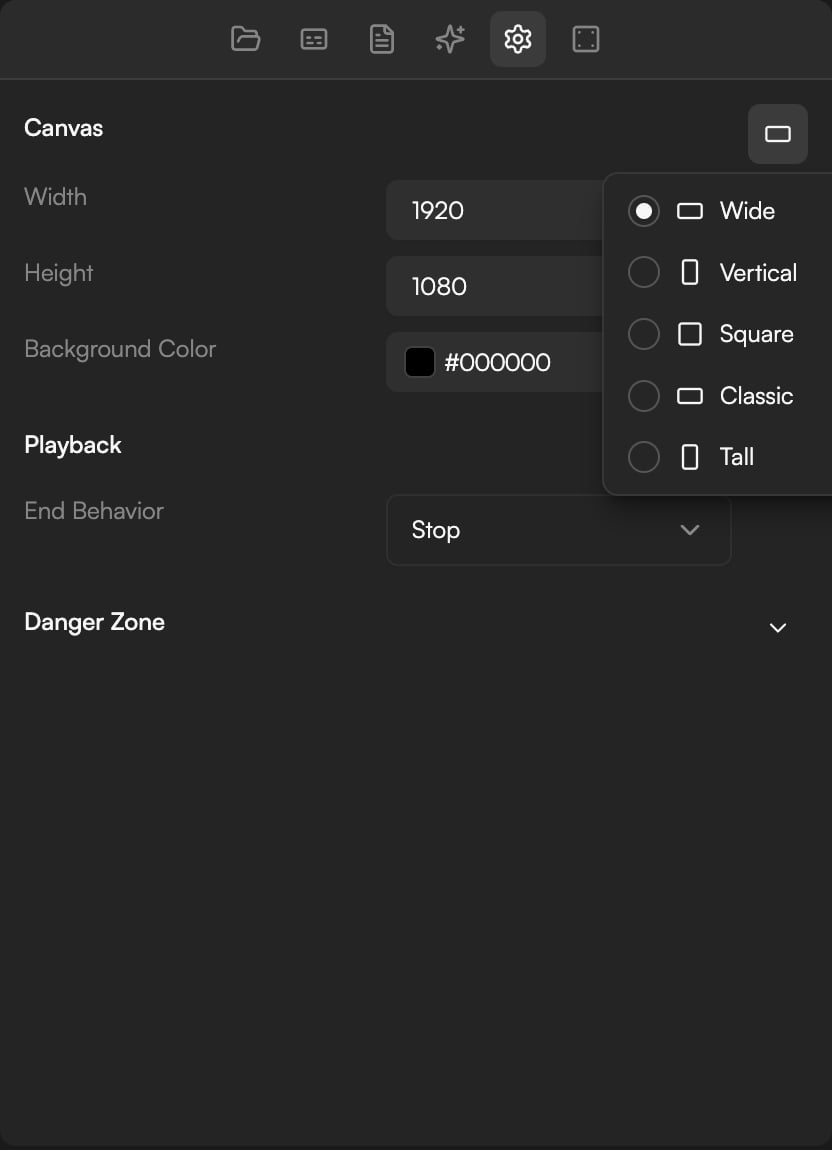 Aspect ratio picker open with Wide, Vertical, Square, Classic and Tall, and a vertical canvas in Preview behind it