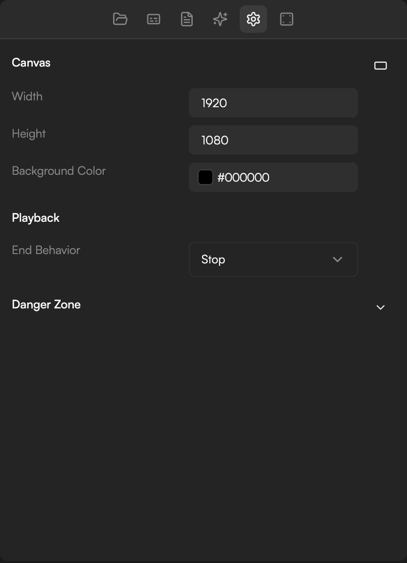 Settings panel in the editor showing the Canvas section with the aspect ratio picker, Width, Height and Background Color, and the Playback section