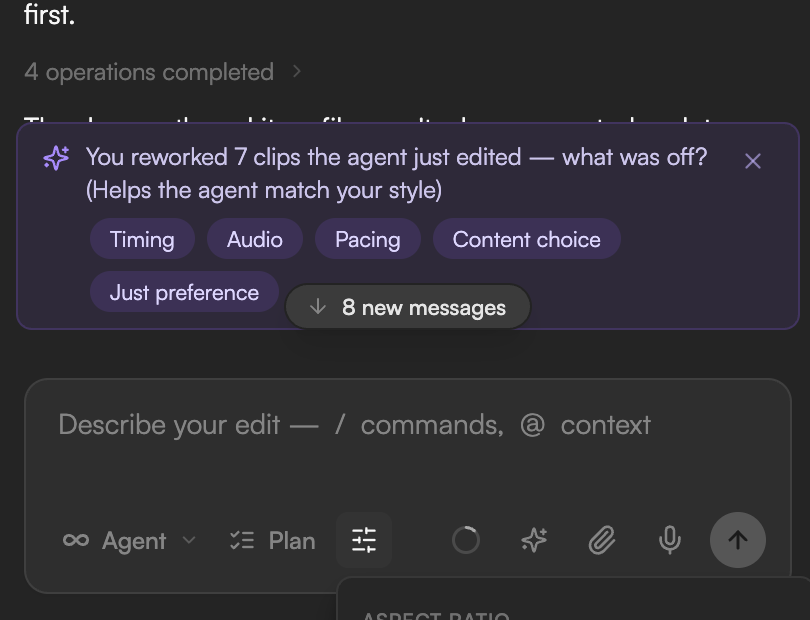 Generation settings popover with Aspect ratio, Duration and Audio chips