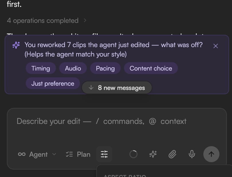 Generation settings popover with Aspect ratio, Duration and Audio chips