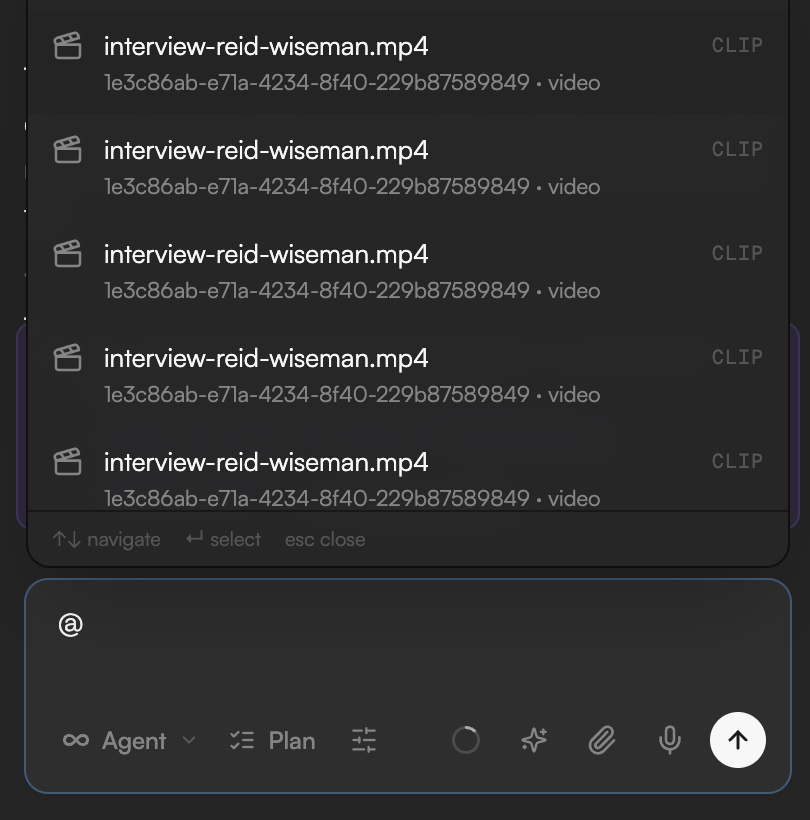 The Assets & Clips palette opened with @ showing clip entries