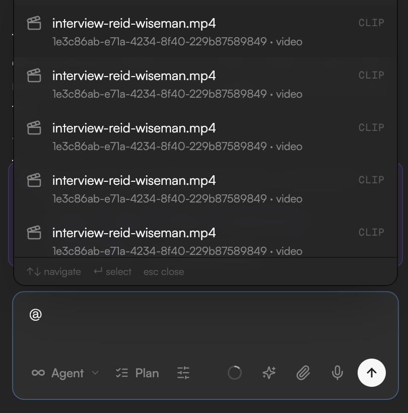 The Assets & Clips palette opened with @ showing clip entries