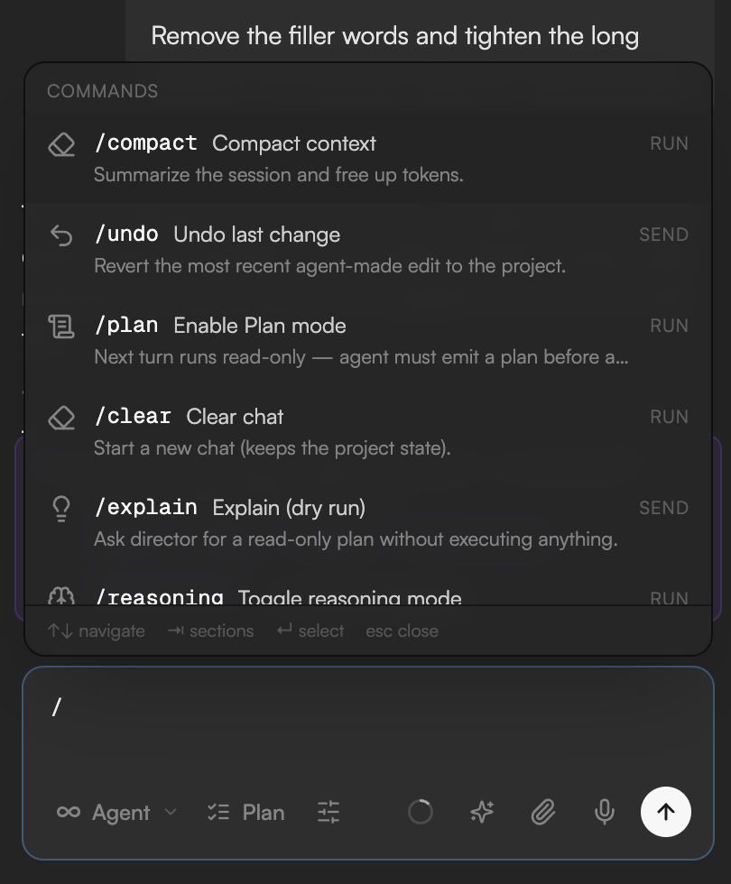 Slash command palette open with Commands and Skills sections