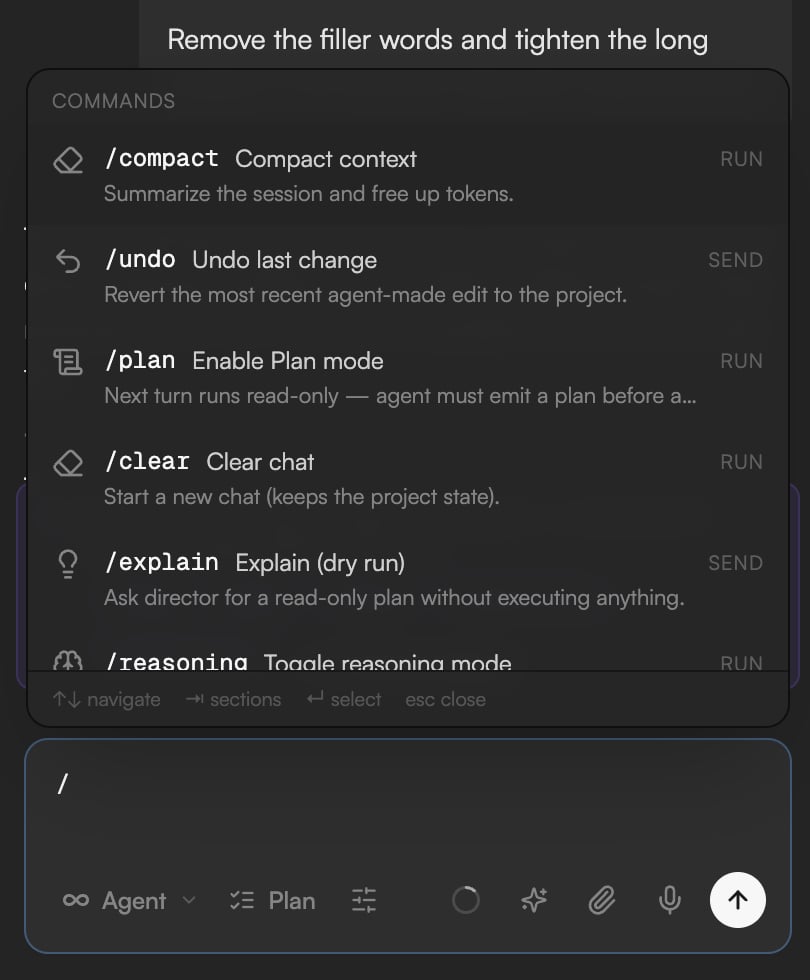 Slash command palette open with Commands and Skills sections