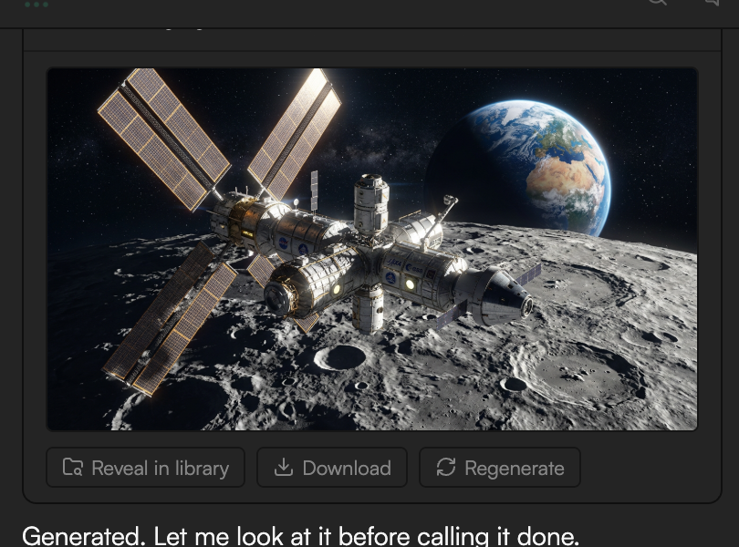 Image generation job card with the preview and the Reveal in library, Download and Regenerate buttons