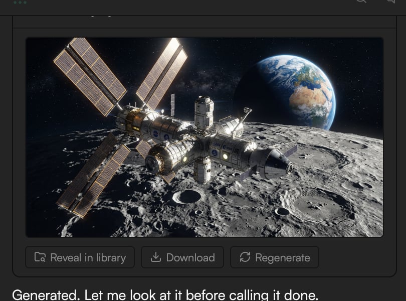 Image generation job card with the preview and the Reveal in library, Download and Regenerate buttons