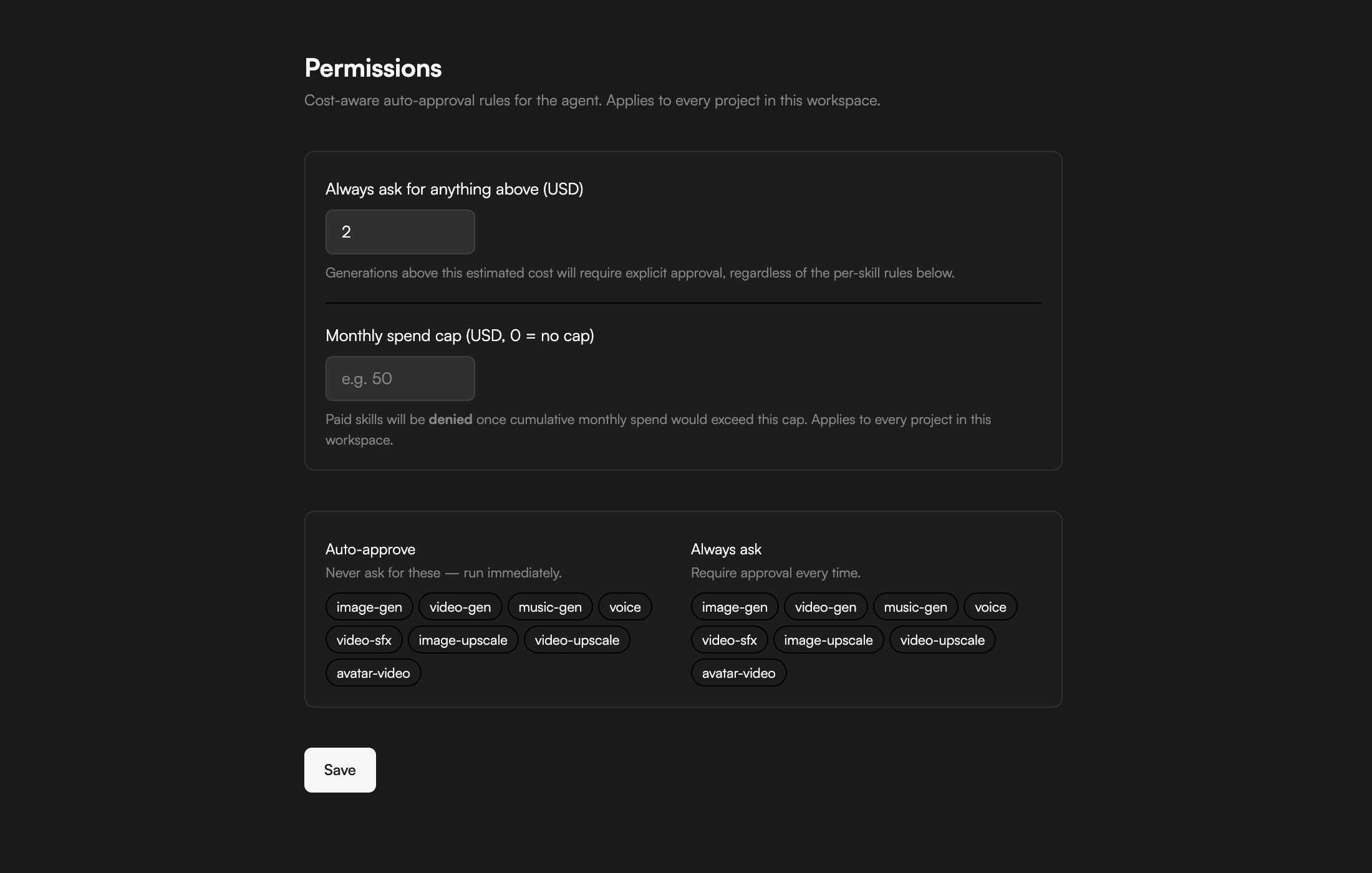 Permissions settings with spend threshold, monthly cap, Auto-approve and Always ask skill chips