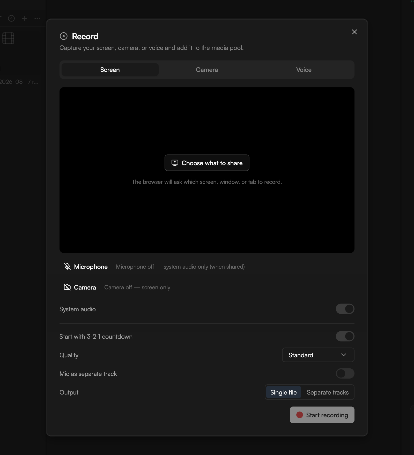 Record dialog on the Screen tab with Choose what to share, microphone, camera, output and quality options