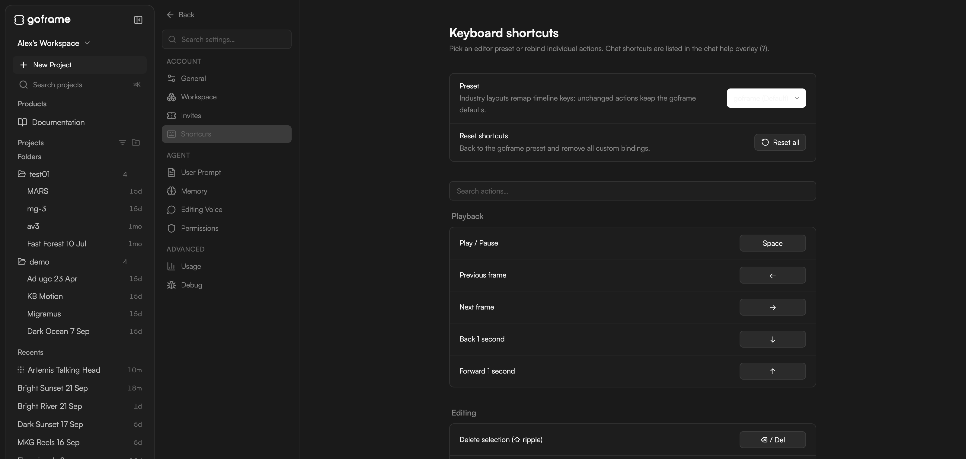 Settings → Shortcuts with the Preset picker and the list of rebindable actions