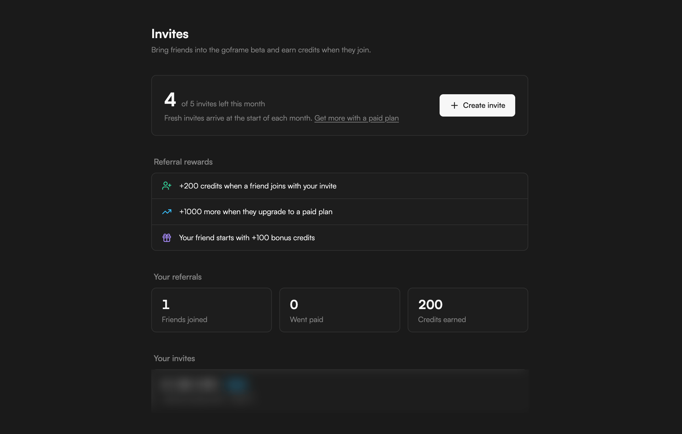 The Invites section in Settings with the quota, Create invite and Referral rewards
