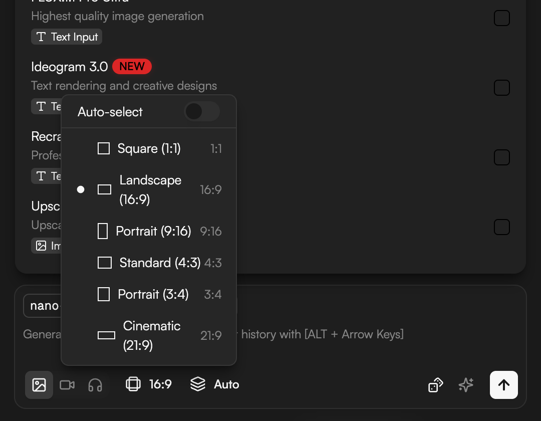 The Storyboard aspect ratio menu