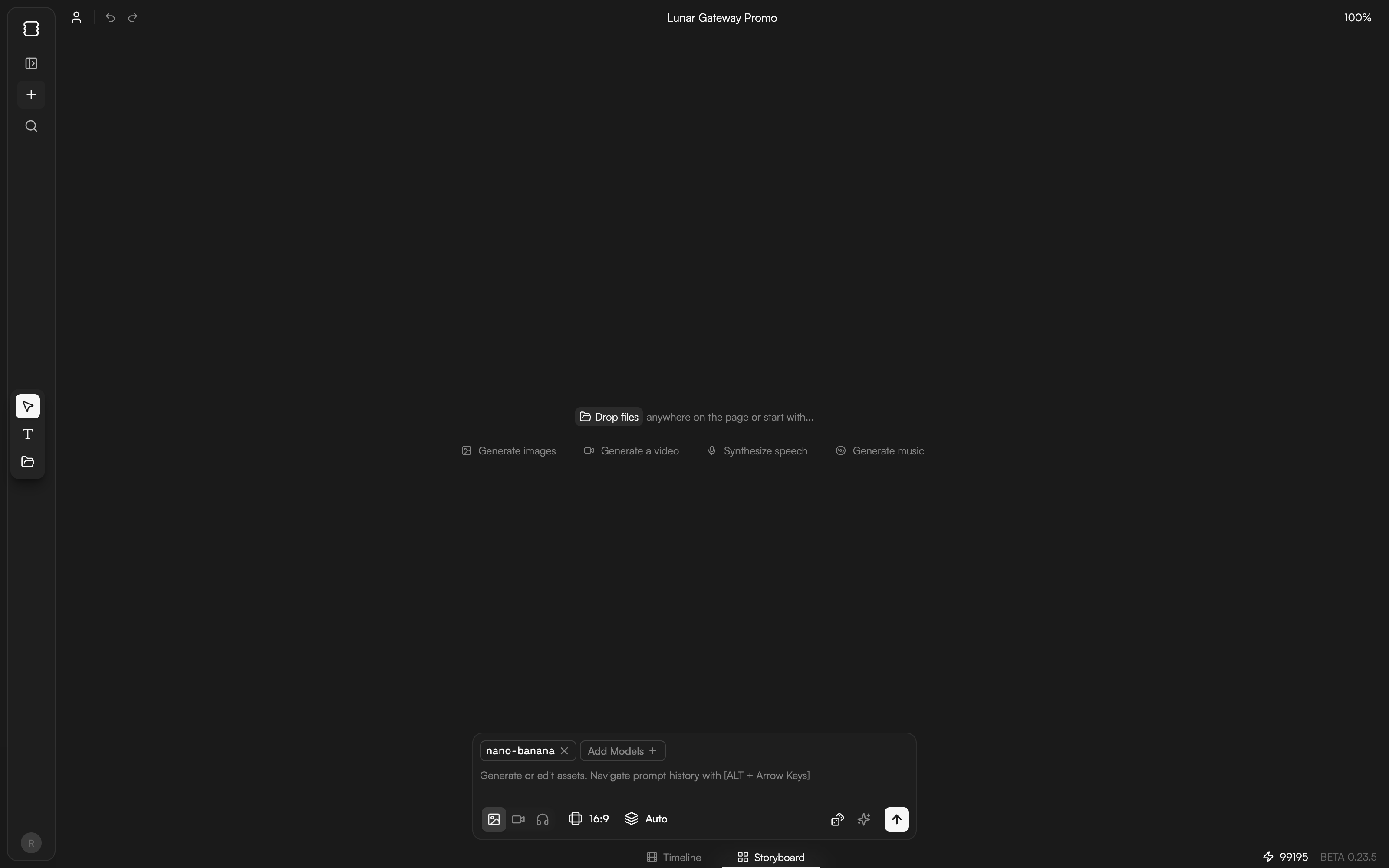 Storyboard tab with three Scene frames, image and video nodes, and the prompt bar at the bottom