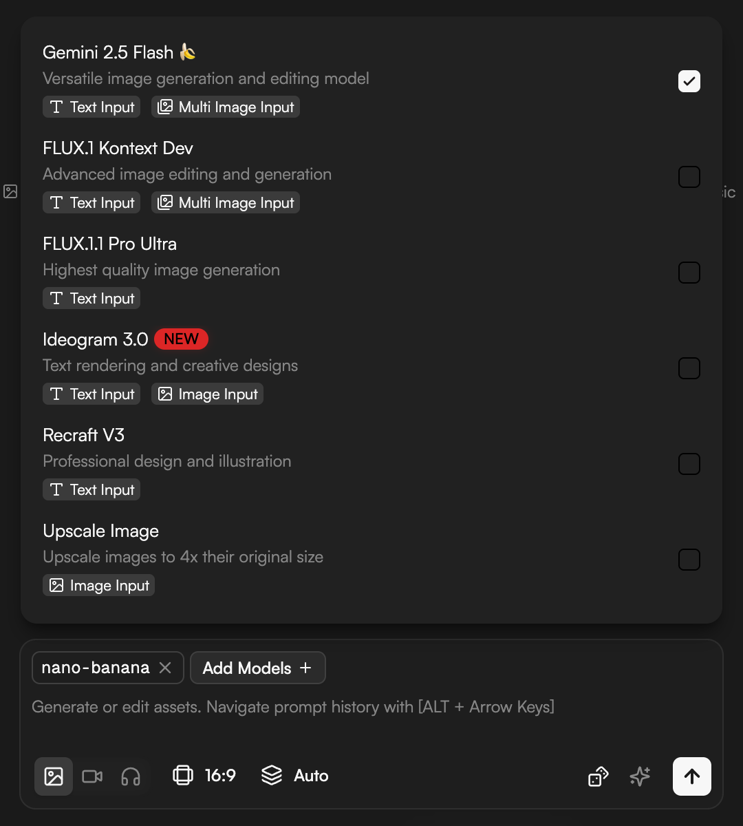 Storyboard prompt bar with the model selector, aspect, variants and Enhance Prompt controls