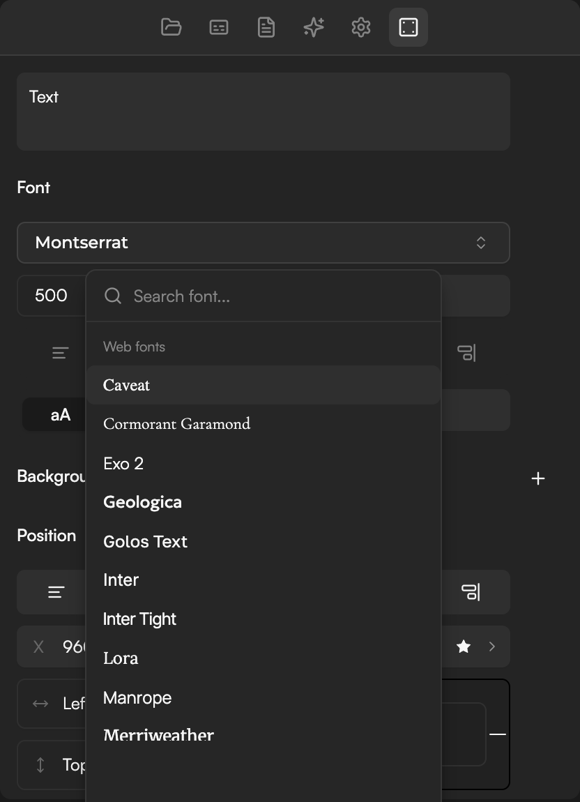 Font section with the family dropdown open showing the catalogue and the Load system fonts entry