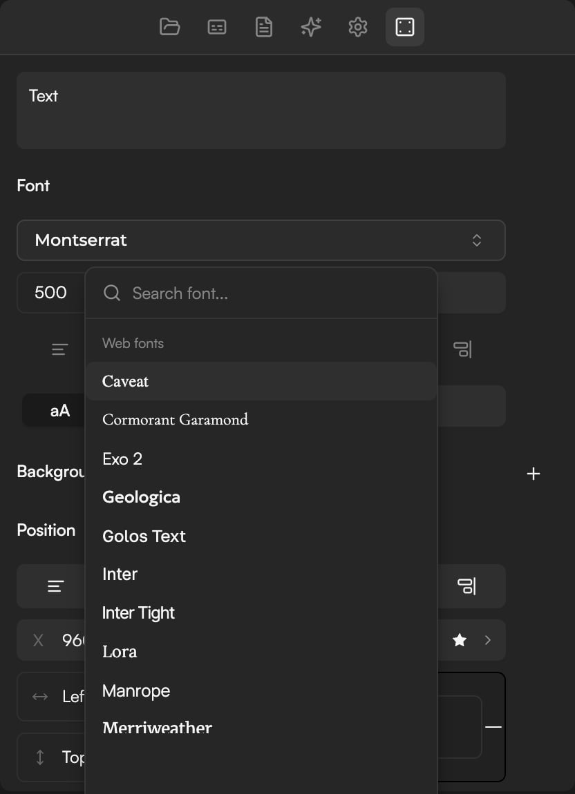 Font section with the family dropdown open showing the catalogue and the Load system fonts entry