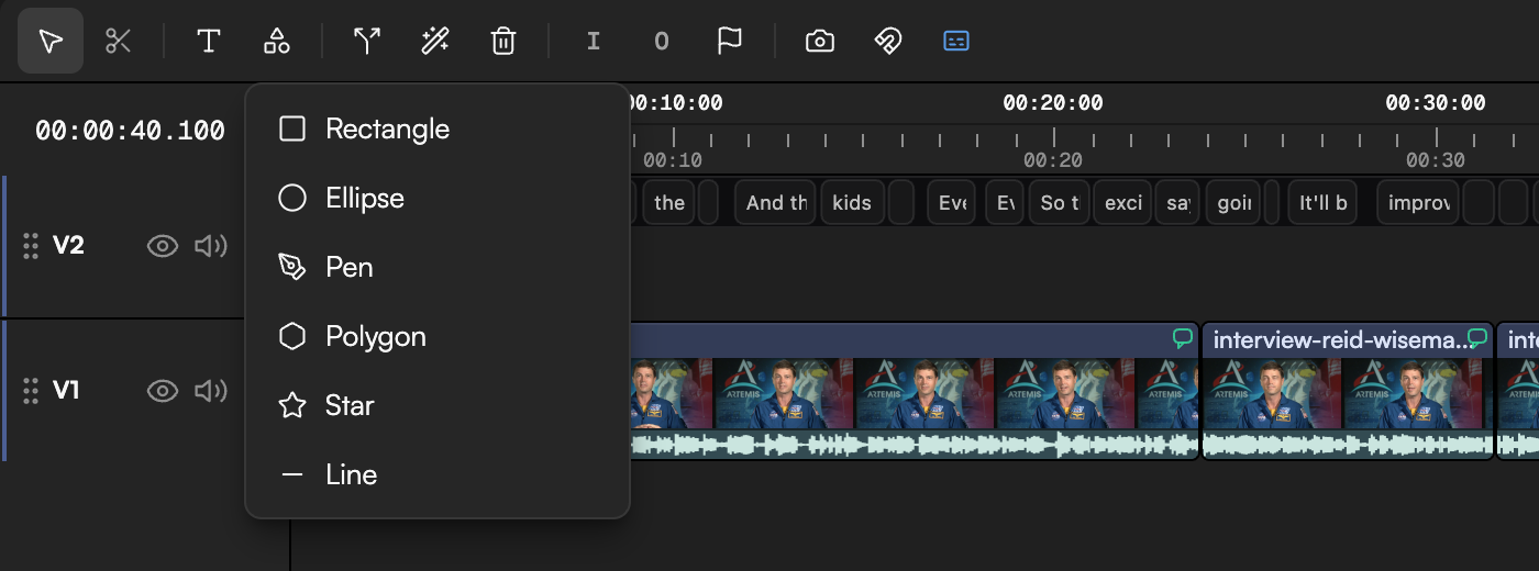 Add shape menu open in the toolbar with Rectangle, Ellipse, Pen, Polygon, Star and Line, and a star shape on the canvas