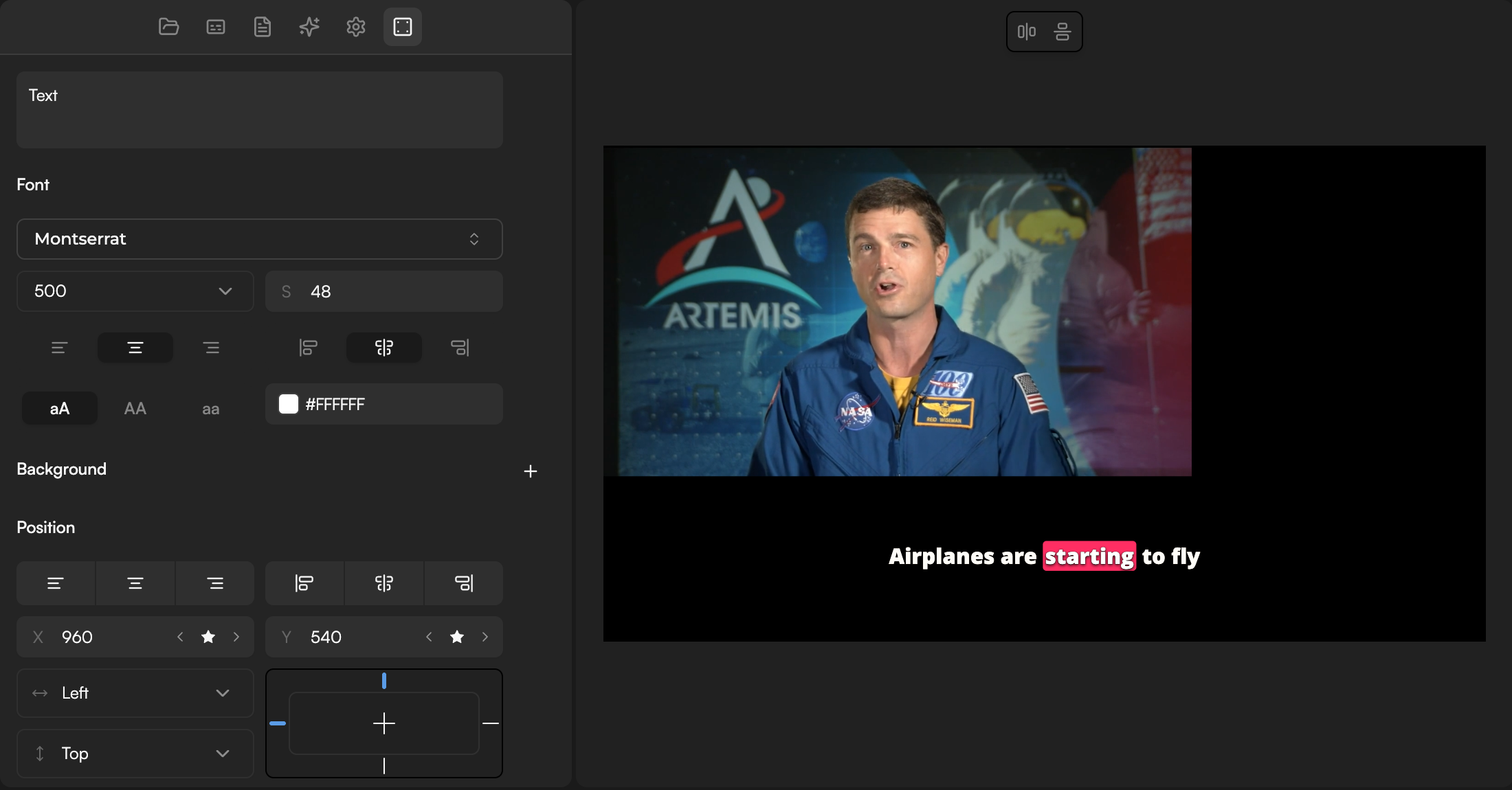 A title clip on V2 above footage, with the Inspector showing the Text and Font sections