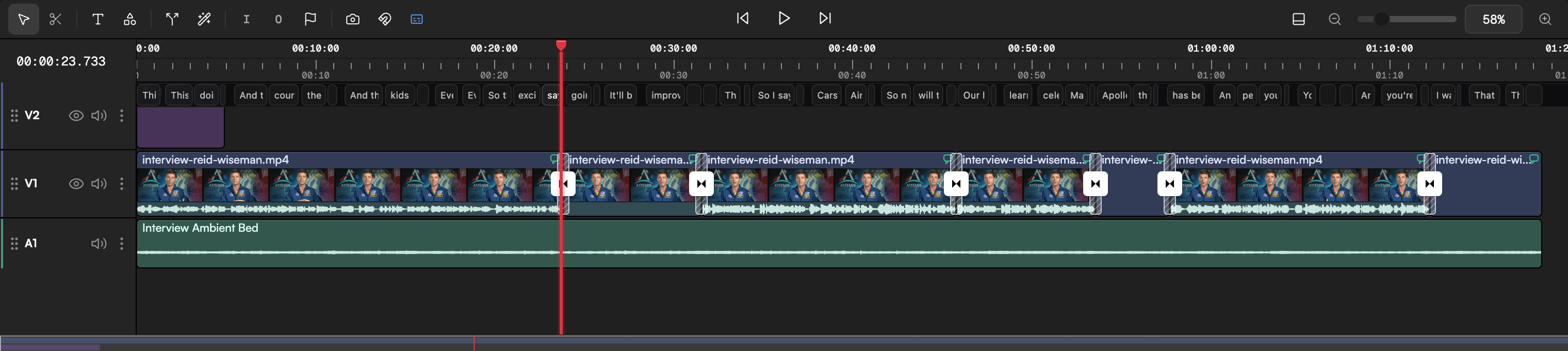 Timeline in Editor layout with two video tracks, one audio track, the toolbar, playhead and zoom slider