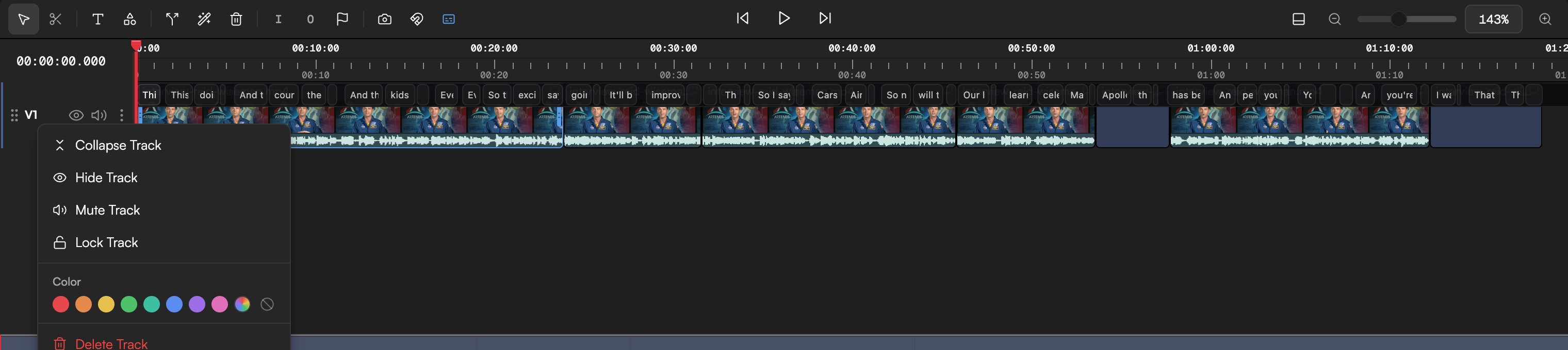 The track header menu on a video track showing Collapse, Hide, Mute, Lock, Color swatches and Delete Track