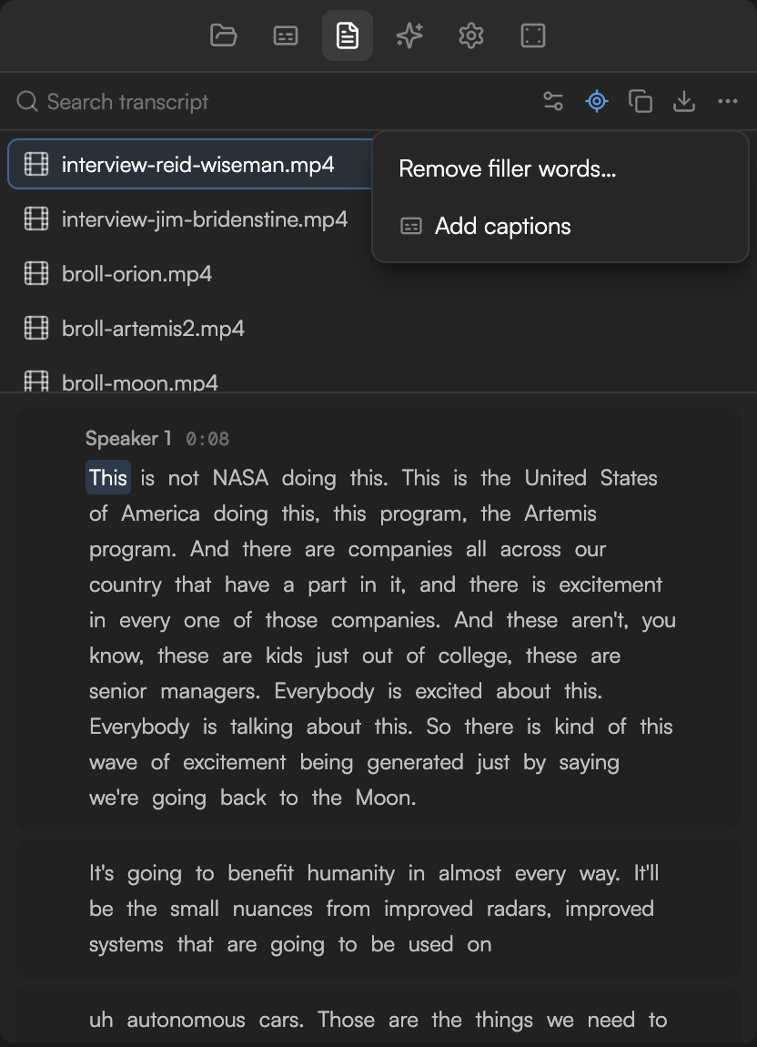 The Transcript panel menu with Remove filler words… and Add captions