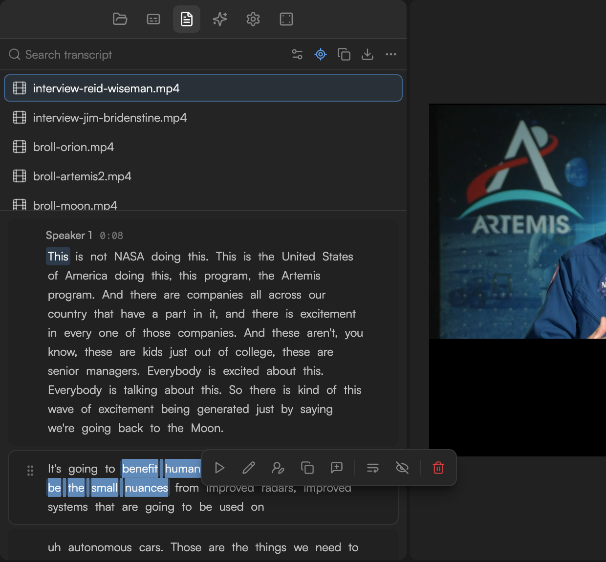 Selection toolbar over a highlighted sentence with Play from here, Edit, Change speaker, Copy, Add to chat, Remove pause, Hide and Delete selection
