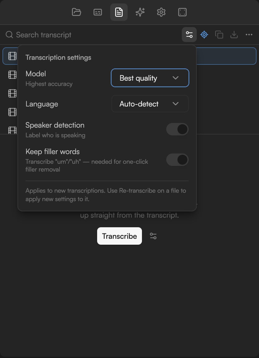 Transcription settings popover with Model, Language, Speaker detection and Keep filler words