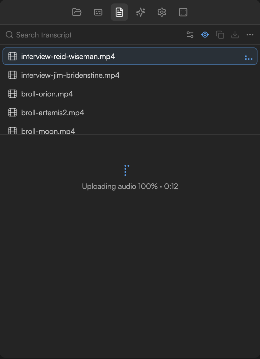 Timeline clip with a Transcribing badge and the Background tasks panel showing the stage