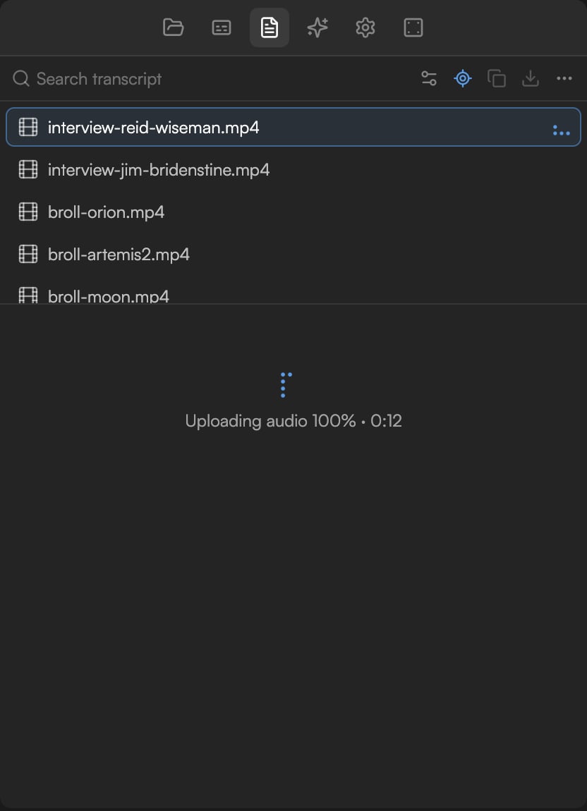 Timeline clip with a Transcribing badge and the Background tasks panel showing the stage