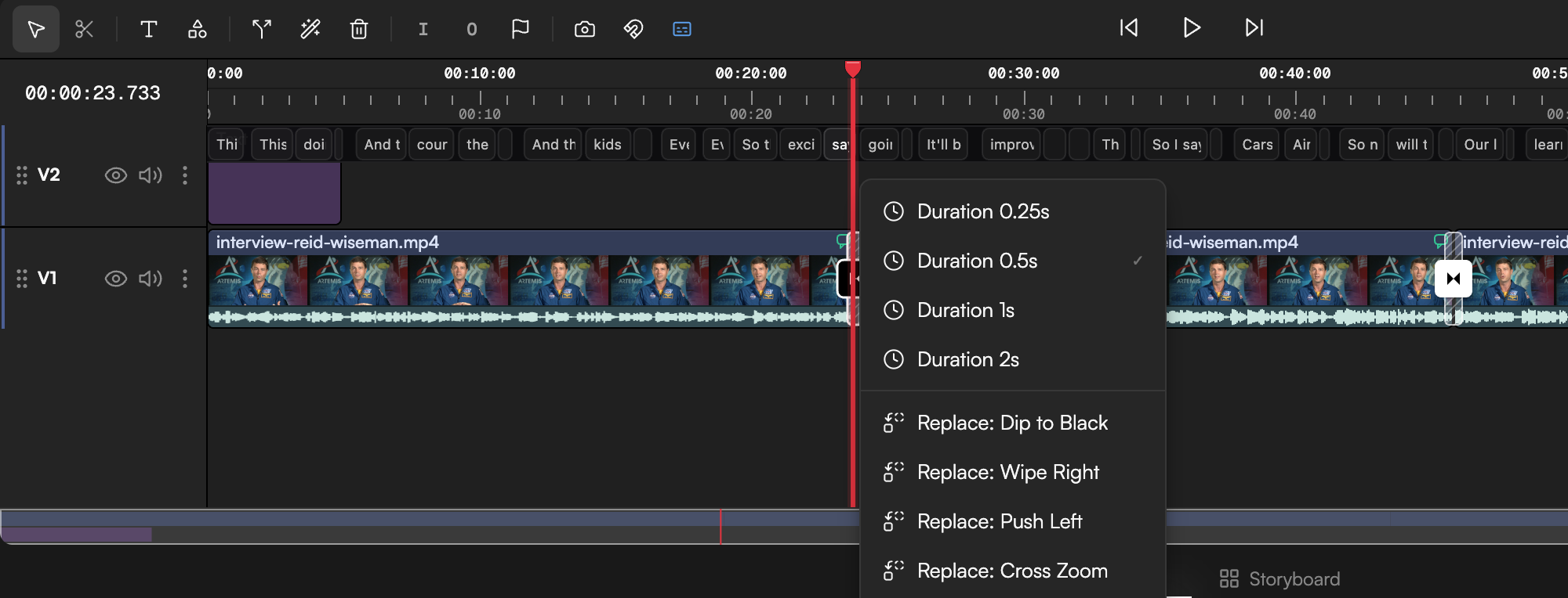 Right-click menu on a transition with the Duration presets, Replace entries and Delete transition