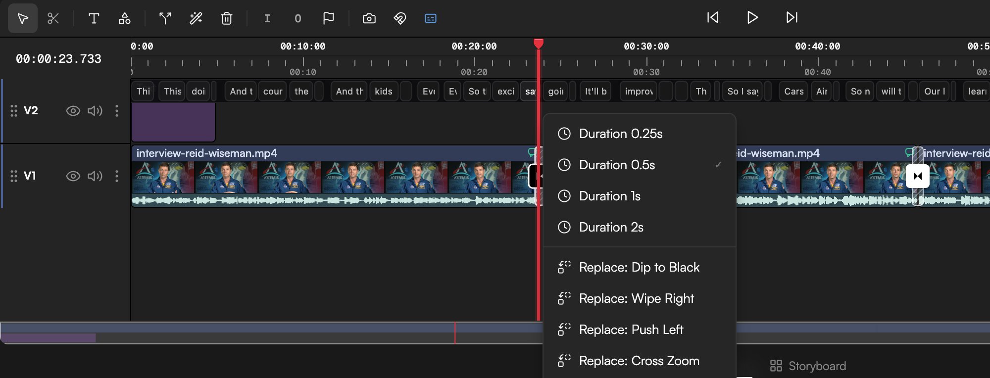 Right-click menu on a transition with the Duration presets, Replace entries and Delete transition