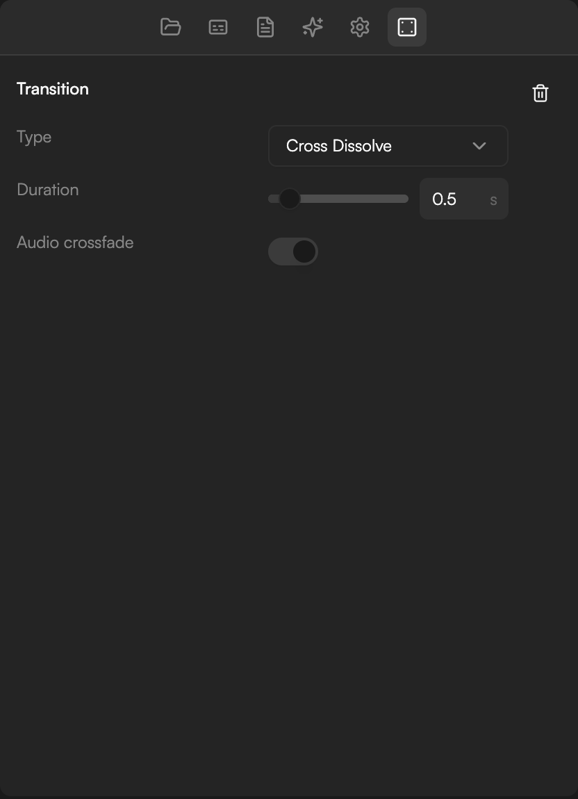 Transition inspector for a Wipe Right transition showing Type, Duration, Softness and the Audio crossfade switch