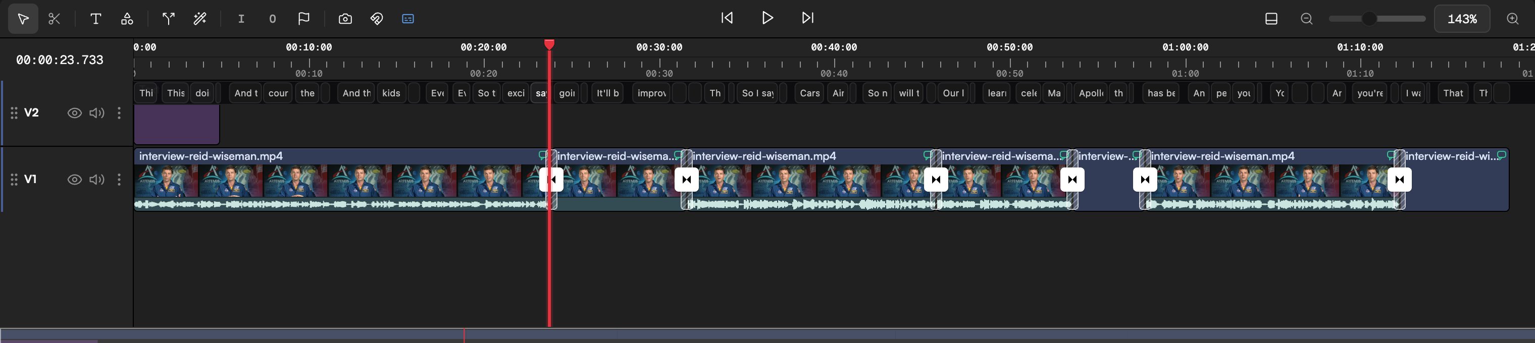 Cross dissolves applied on every cut of the interview track