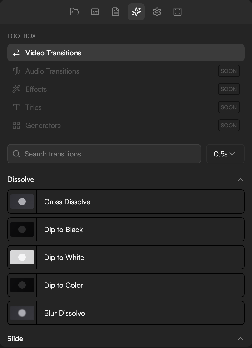 Toolbox & VFX panel open on Video Transitions with the search field, Default duration picker and the Dissolve group expanded