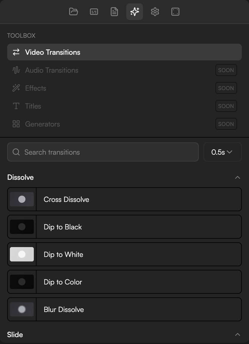 Toolbox & VFX panel open on Video Transitions with the search field, Default duration picker and the Dissolve group expanded