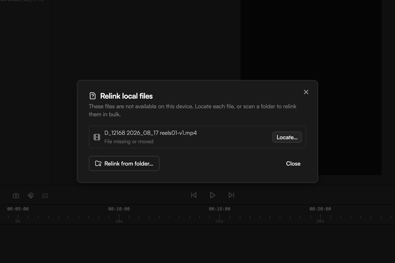 Relink local files dialog with a File missing or moved row, Locate… and Relink from folder… buttons