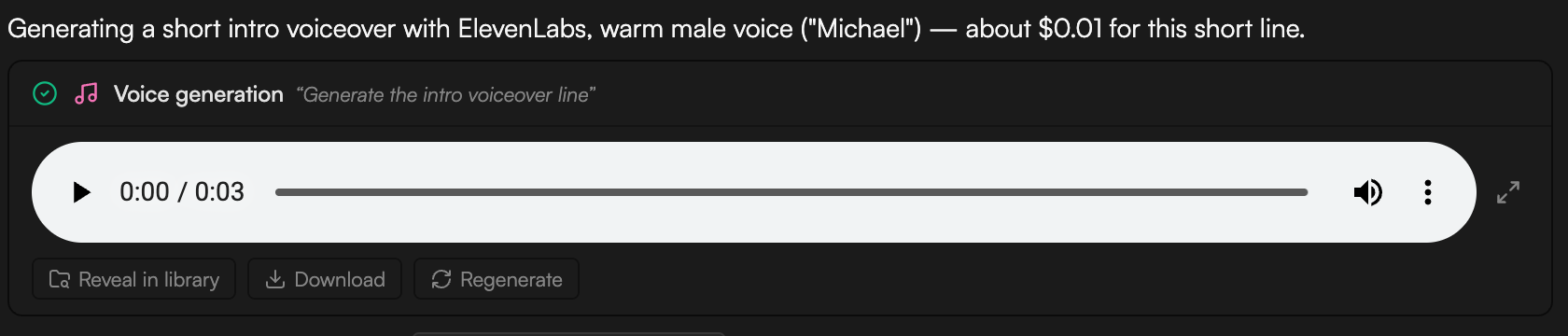 Agent chat with a voice request and the Voice generation job card