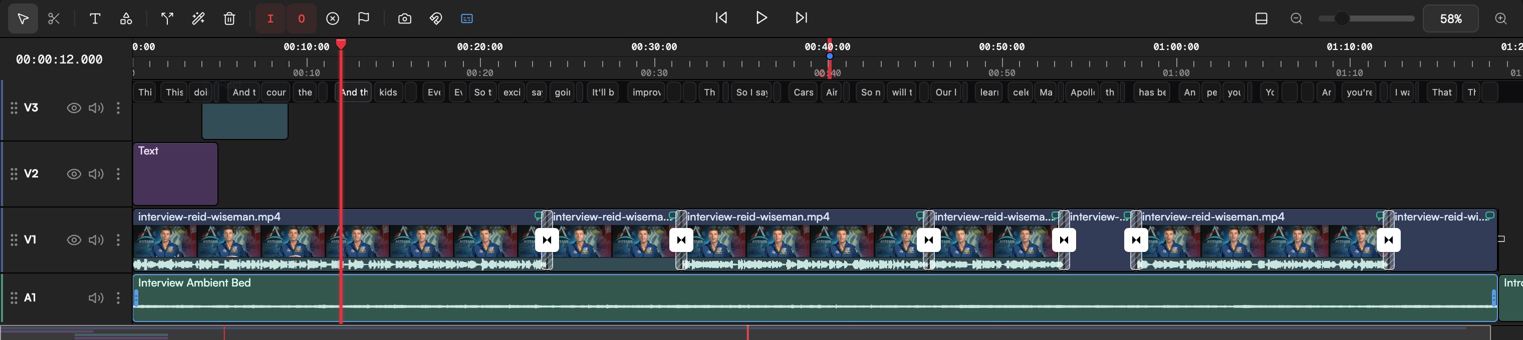 Generated narration clip on an audio track under the video, with the Inspector Audio section open