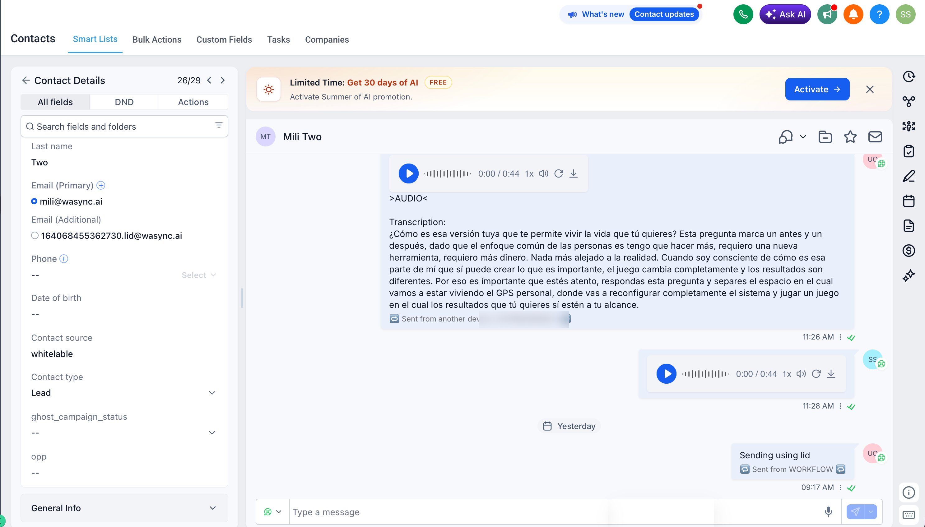 Conversation with a username contact: messages delivered via the WhatsApp LID, including a workflow message