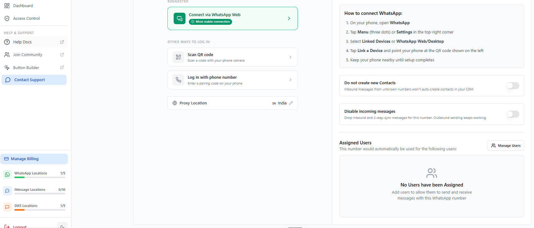 The WhatsApp connection screen with Connect via WhatsApp Web as the suggested login option
