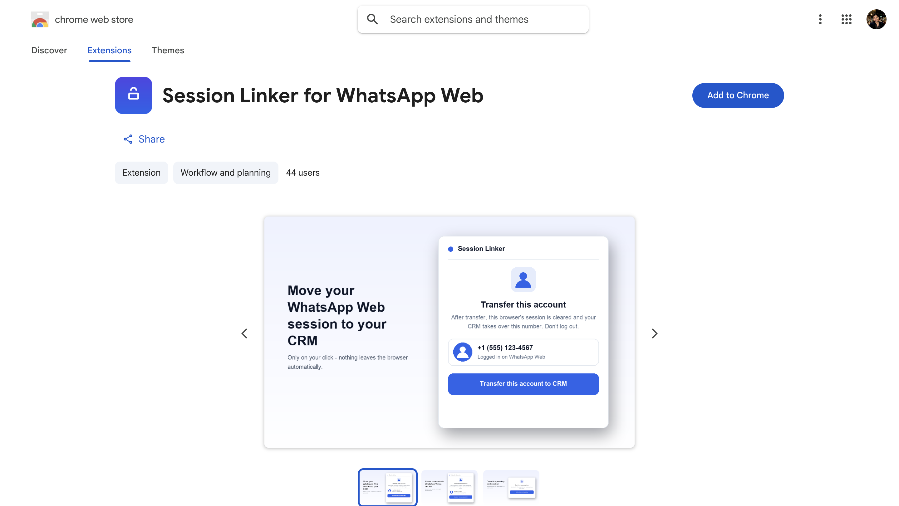 The Session Linker for WhatsApp Web listing in the Chrome Web Store with the Add to Chrome button