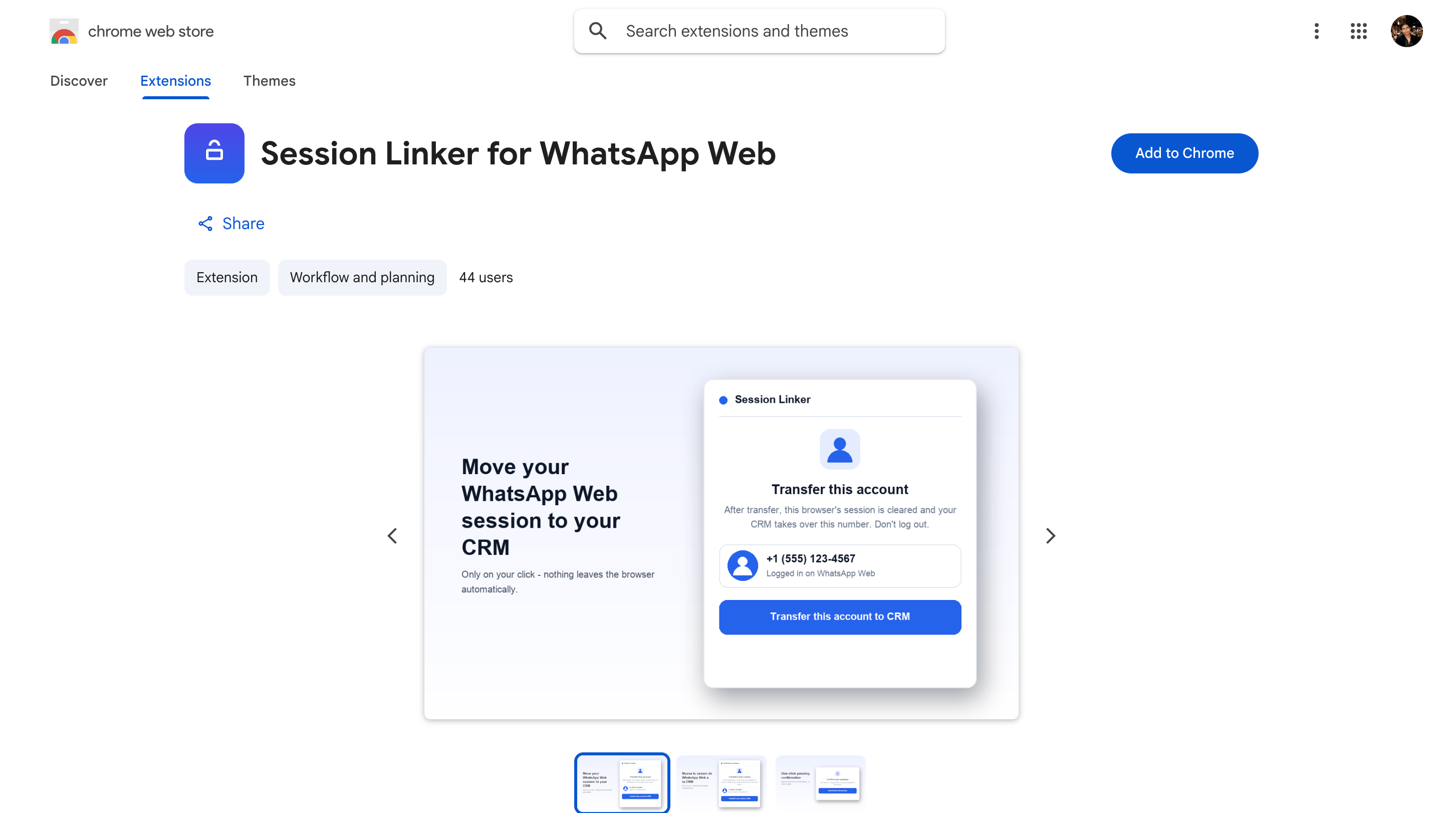 The Session Linker for WhatsApp Web listing in the Chrome Web Store with the Add to Chrome button