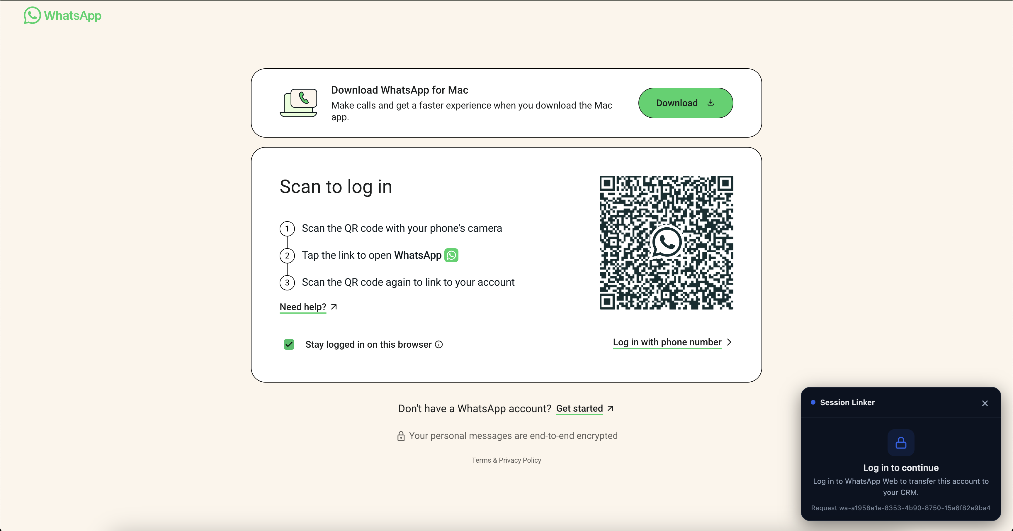 WhatsApp Web login page with the Session Linker panel asking you to log in to continue